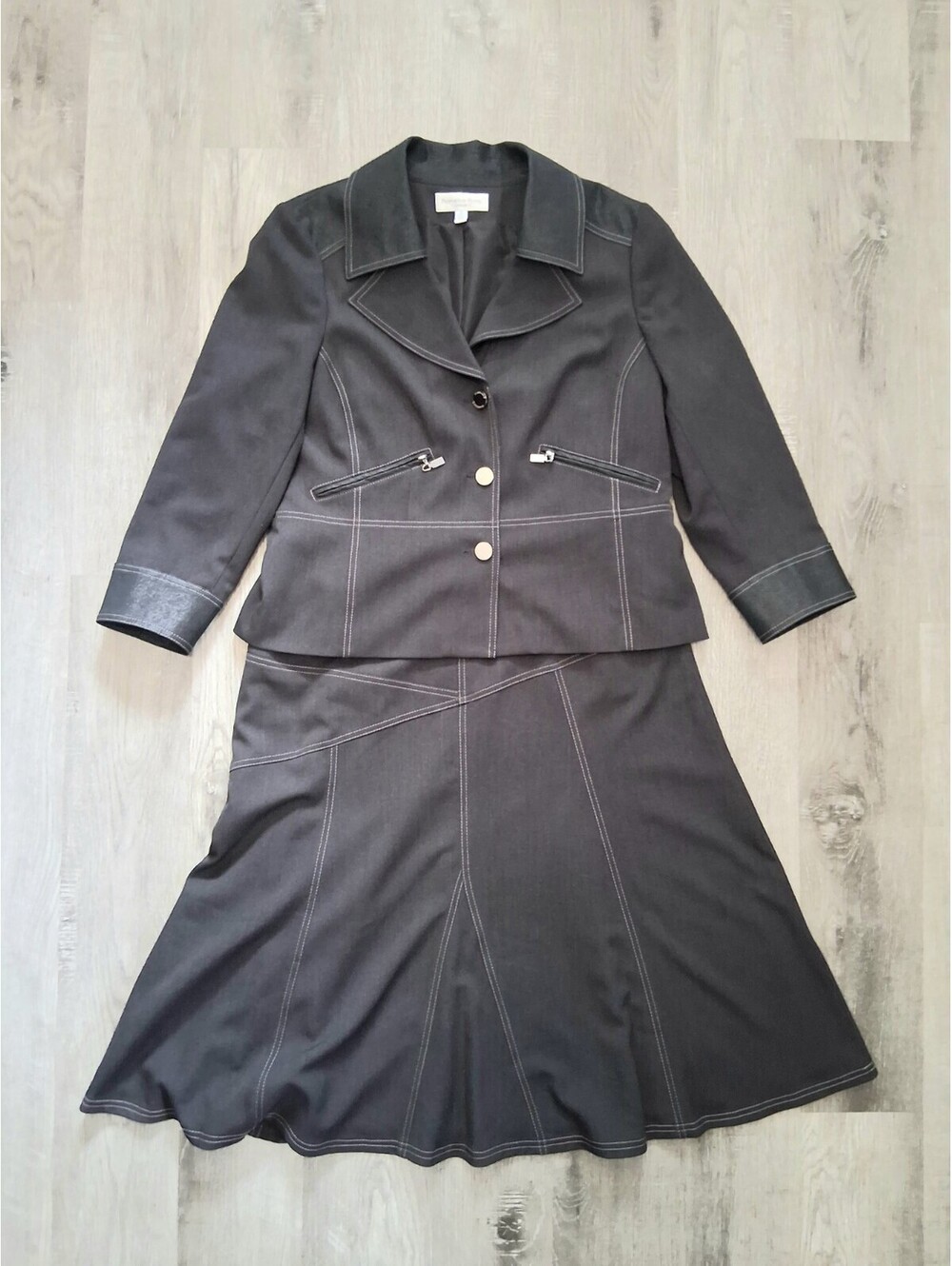 Conrad C Proportion Petite Size 16 Black Gray Contrast Stitch Skirt Suit Set